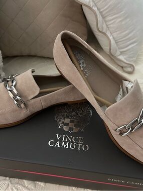 Vince Camuto Taupe Suede Loafers with Silver Chain